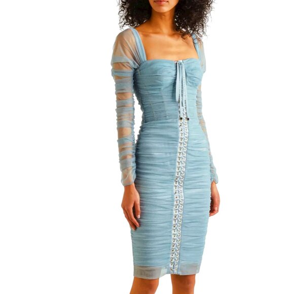 $3645 NWT Dolce & Gabbana Light Blue Tulle Sheer Lace-Up Ruched Midi Dress - Picture 2 of 13